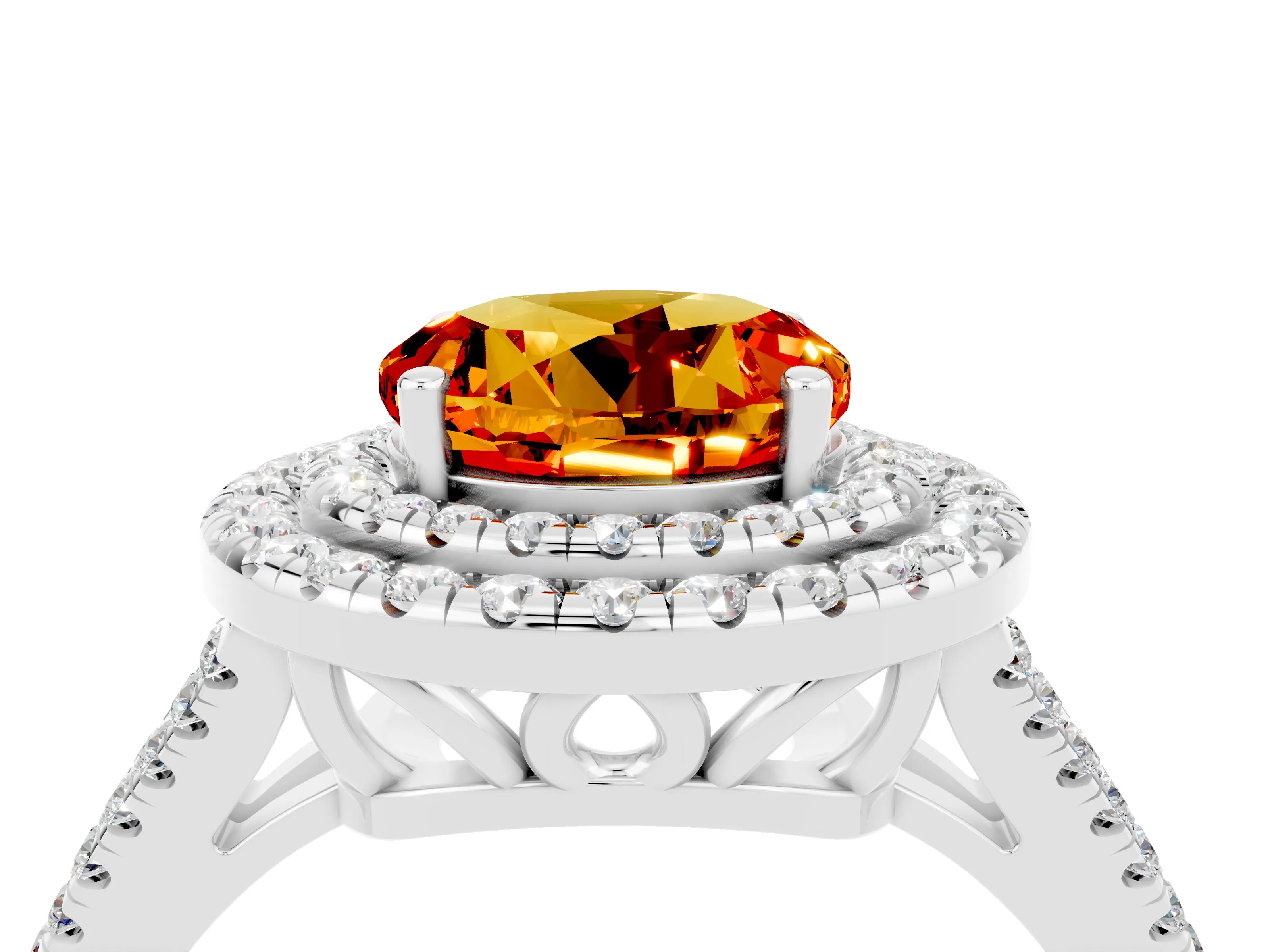 White gold Round Cut Citrine Double Halo Ring with Pavé Band and Prong Setting_16