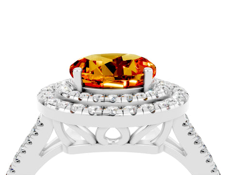 White gold Round Cut Citrine Double Halo Ring with Pavé Band and Prong Setting_16