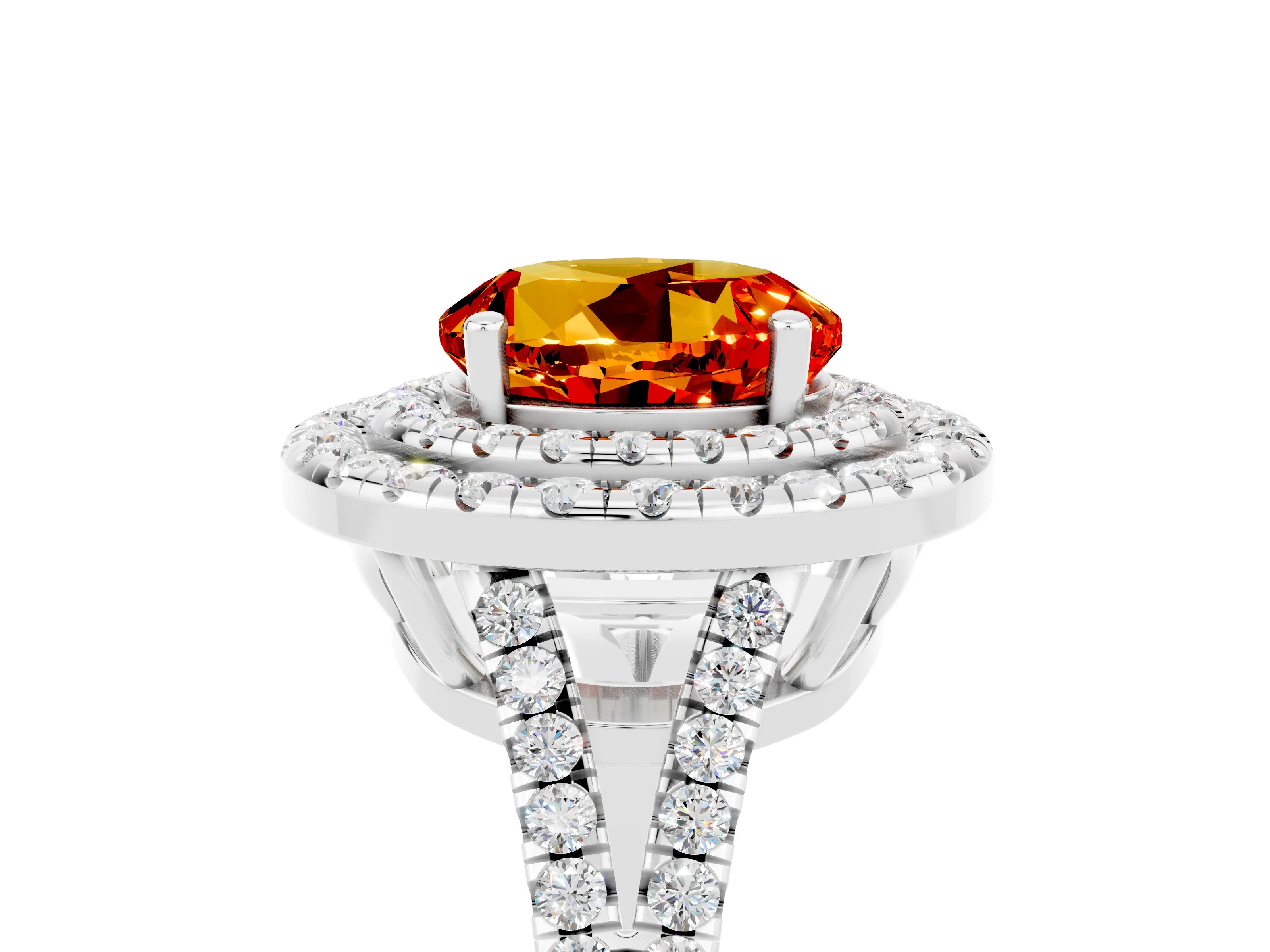 White gold Round Cut Citrine Double Halo Ring with Pavé Band and Prong Setting_17