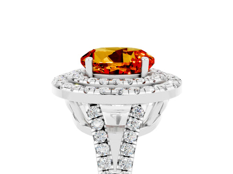 White gold Round Cut Citrine Double Halo Ring with Pavé Band and Prong Setting_17