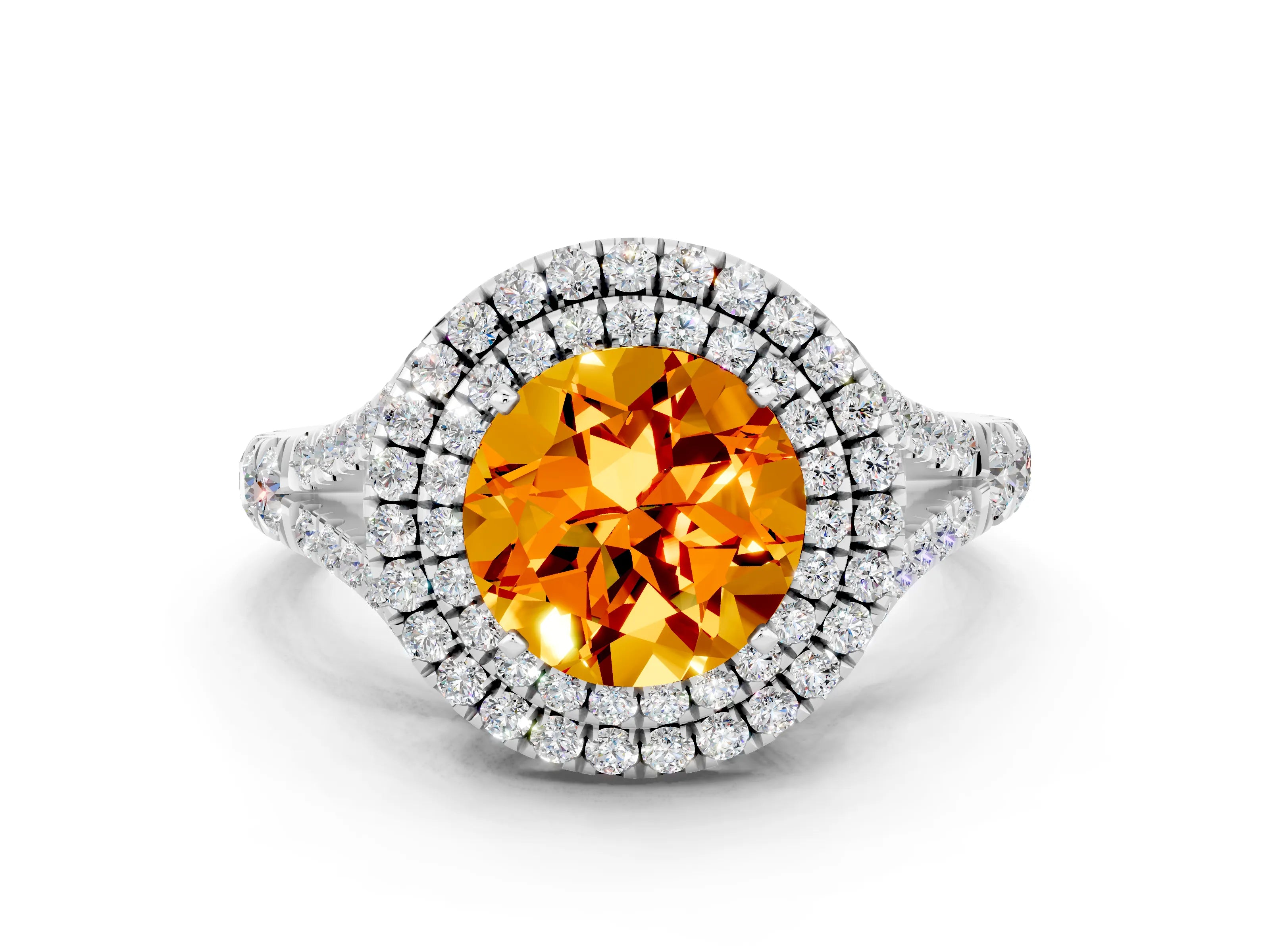 White gold Round Cut Citrine Double Halo Ring with Split Shank and Prong Setting_12
