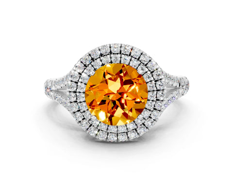 White gold Round Cut Citrine Double Halo Ring with Split Shank and Prong Setting_12