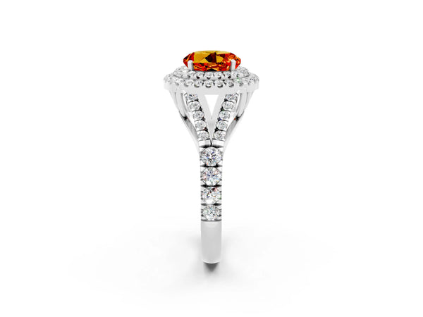 Silver Round Cut Citrine Double Halo Ring with Split Shank and Prong Setting