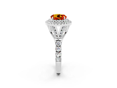 White gold Round Cut Citrine Double Halo Ring with Split Shank and Prong Setting_14