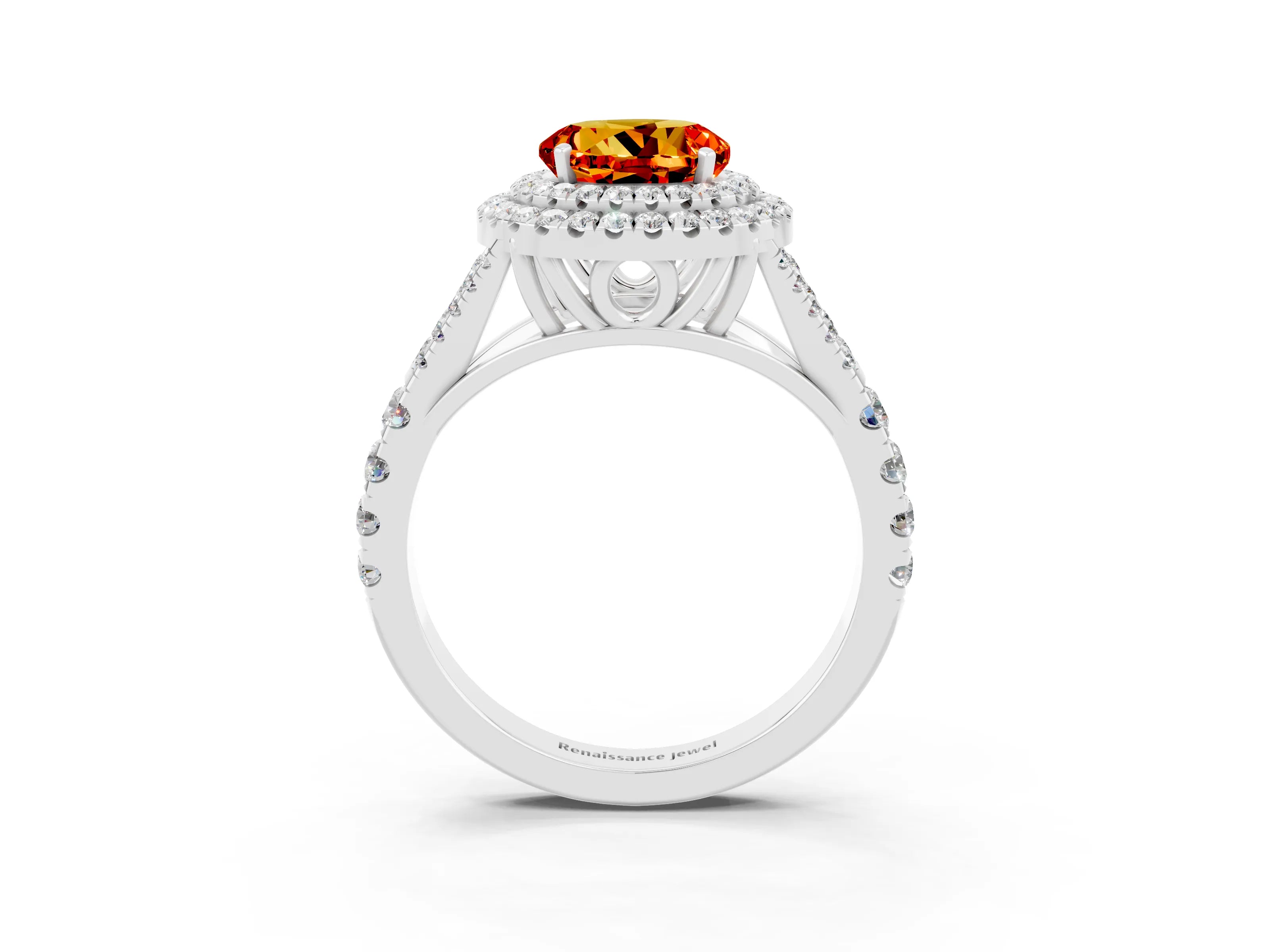 White gold Round Cut Citrine Double Halo Ring with Split Shank and Prong Setting_15