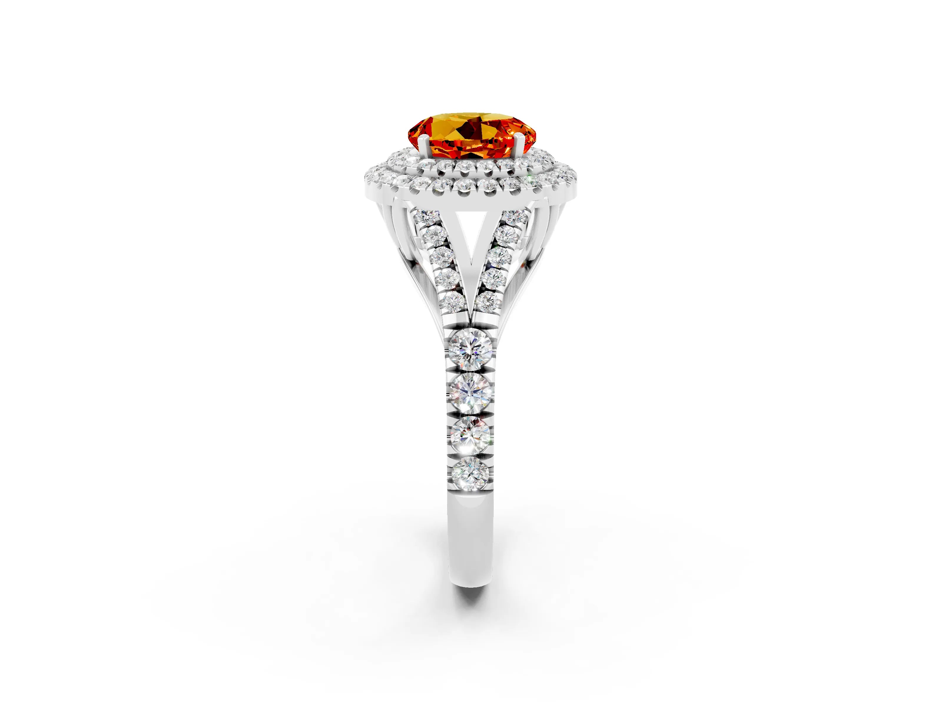 White gold Round Cut Citrine Double Halo Ring with Split Shank and Prong Setting_26
