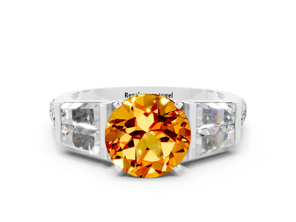 Platinum Round Cut Citrine Engagement Ring with Baguette Side Stones and Channel Set Band