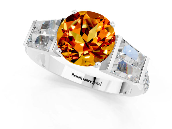 Platinum Round Cut Citrine Engagement Ring with Baguette Side Stones and Channel Set Band