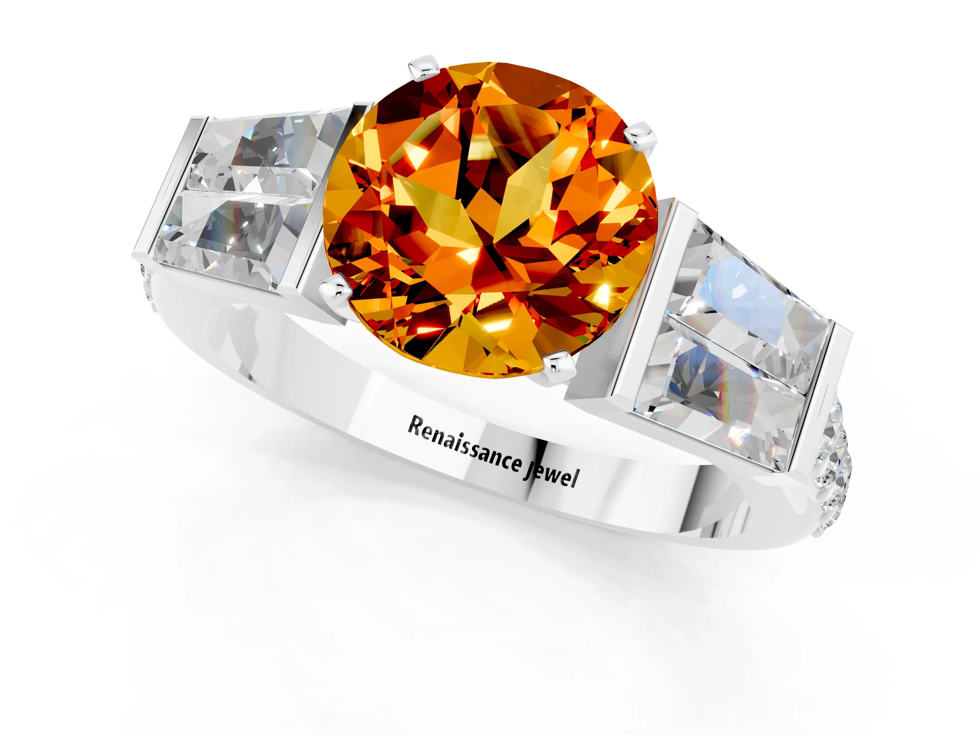White gold Round Cut Citrine Engagement Ring with Baguette Side Stones and Channel Set Band_1