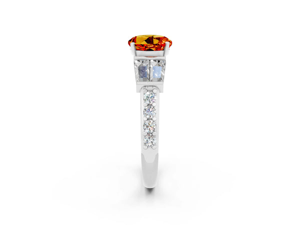 Silver Round Cut Citrine Engagement Ring with Baguette Side Stones and Channel Set Band