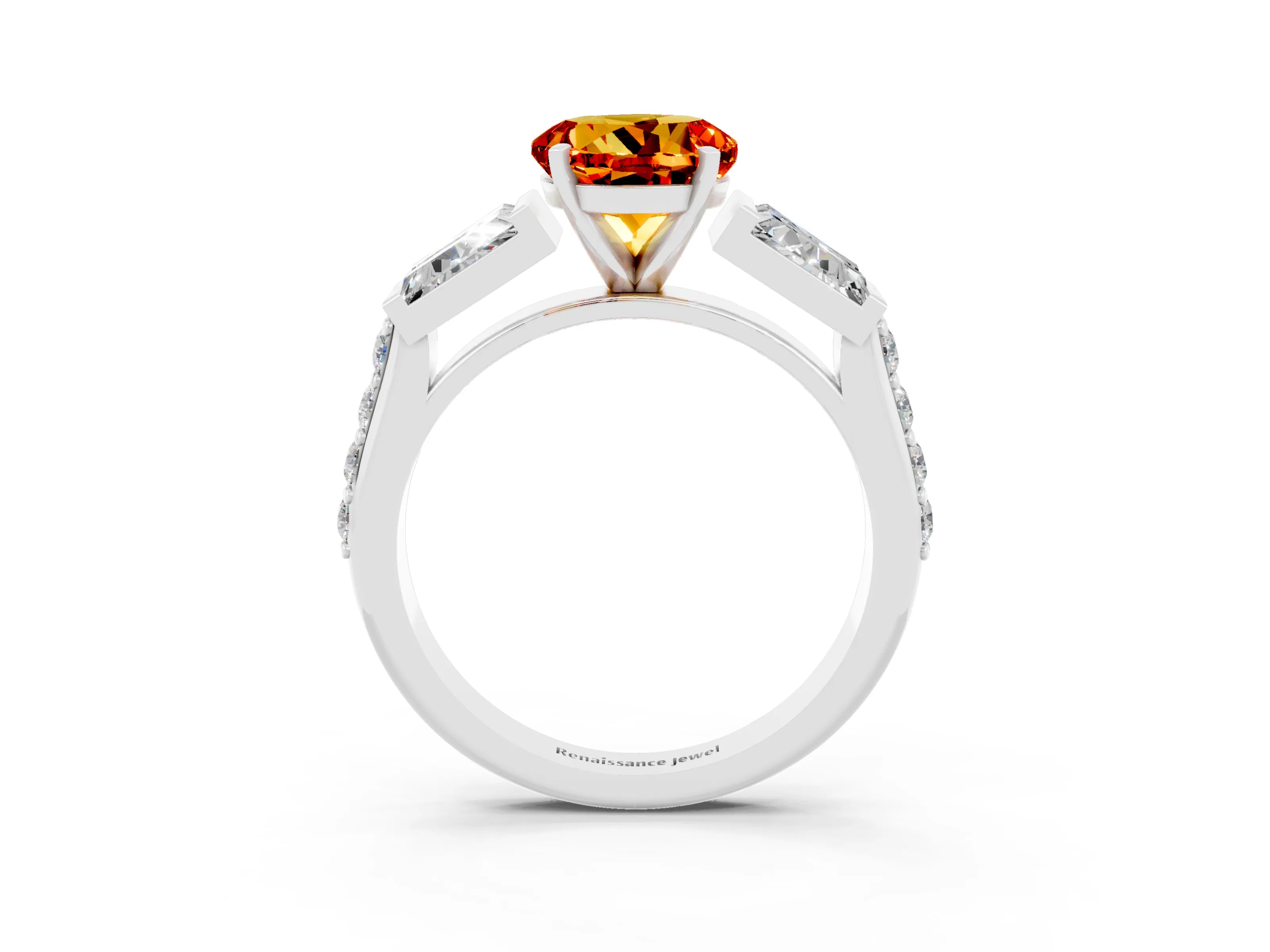 White gold Round Cut Citrine Engagement Ring with Baguette Side Stones and Channel Set Band_3