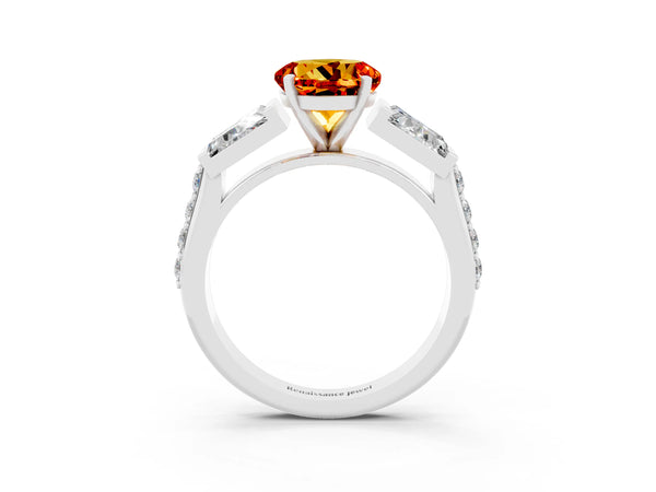 Platinum Round Cut Citrine Engagement Ring with Baguette Side Stones and Channel Set Band
