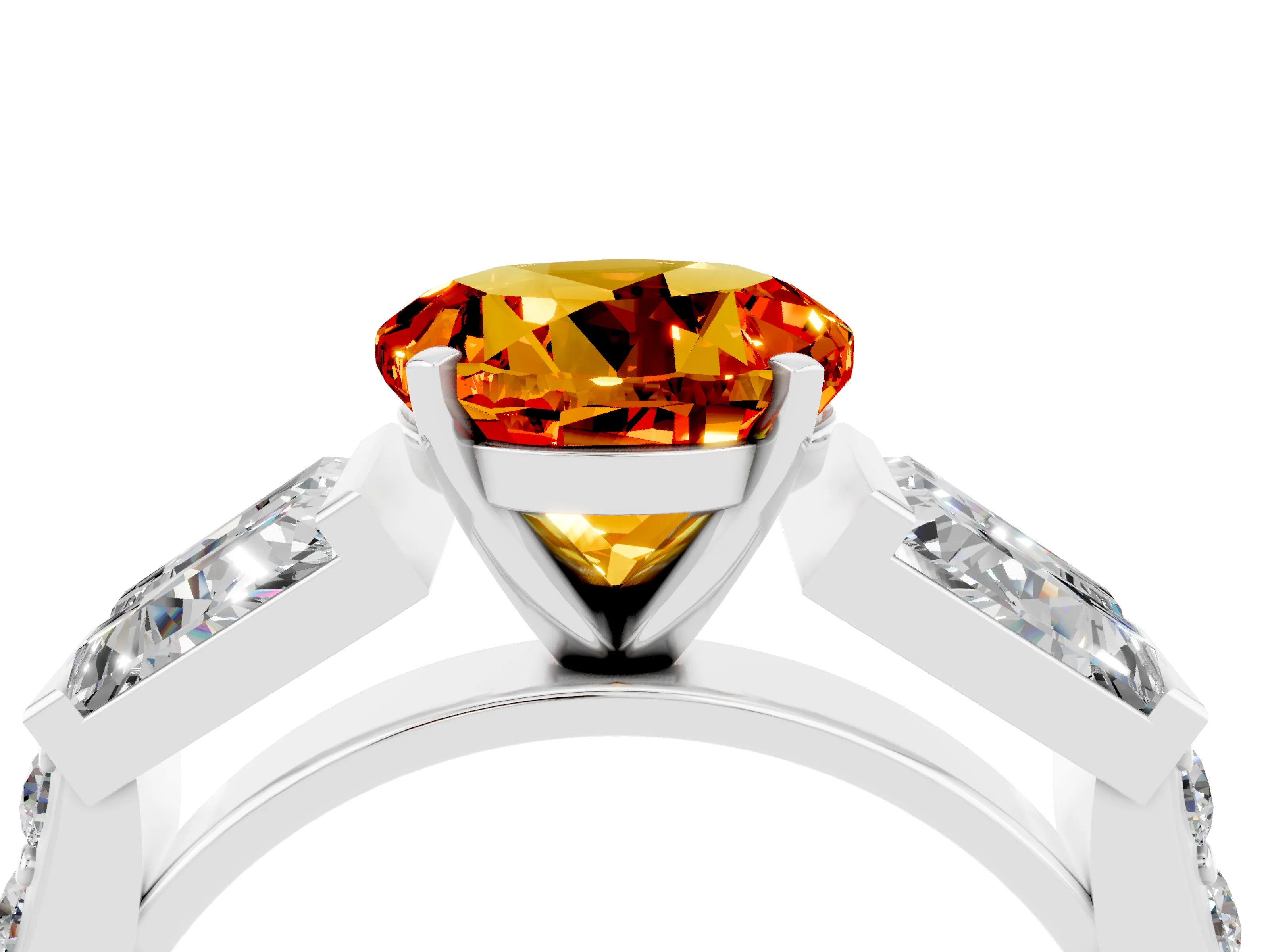 White gold Round Cut Citrine Engagement Ring with Baguette Side Stones and Channel Set Band_4
