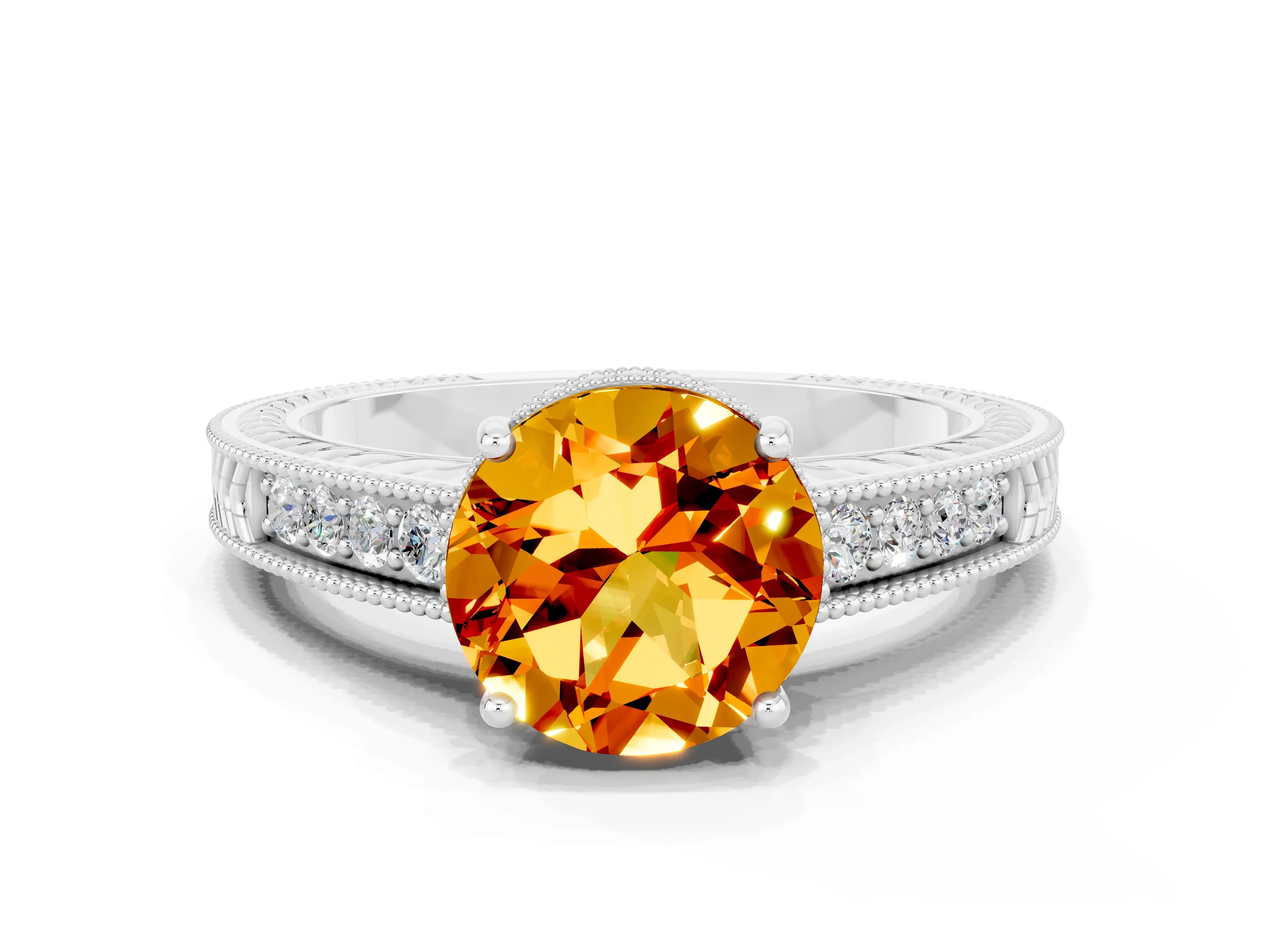 White gold Round Cut Citrine Engagement Ring with Milgrain Channel Set Band and Prong Setting