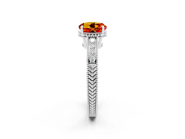 White gold Round Cut Citrine Engagement Ring with Milgrain Channel Set Band and Prong Setting