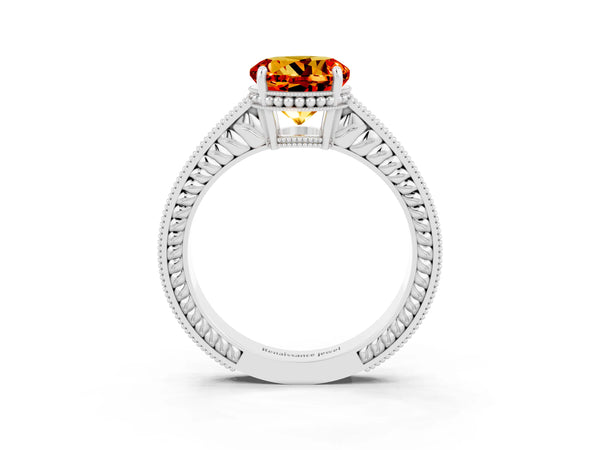 Platinum Round Cut Citrine Engagement Ring with Milgrain Channel Set Band and Prong Setting