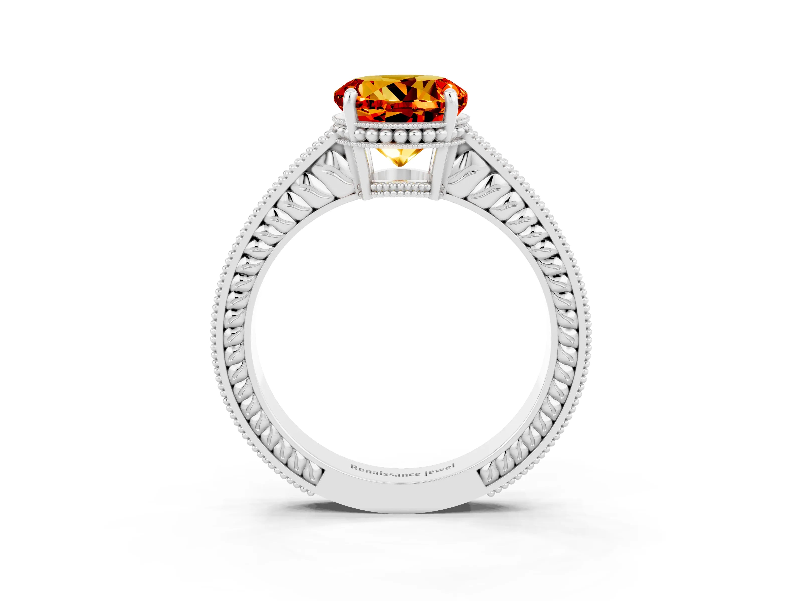 White gold Round Cut Citrine Engagement Ring with Milgrain Channel Set Band and Prong Setting_3