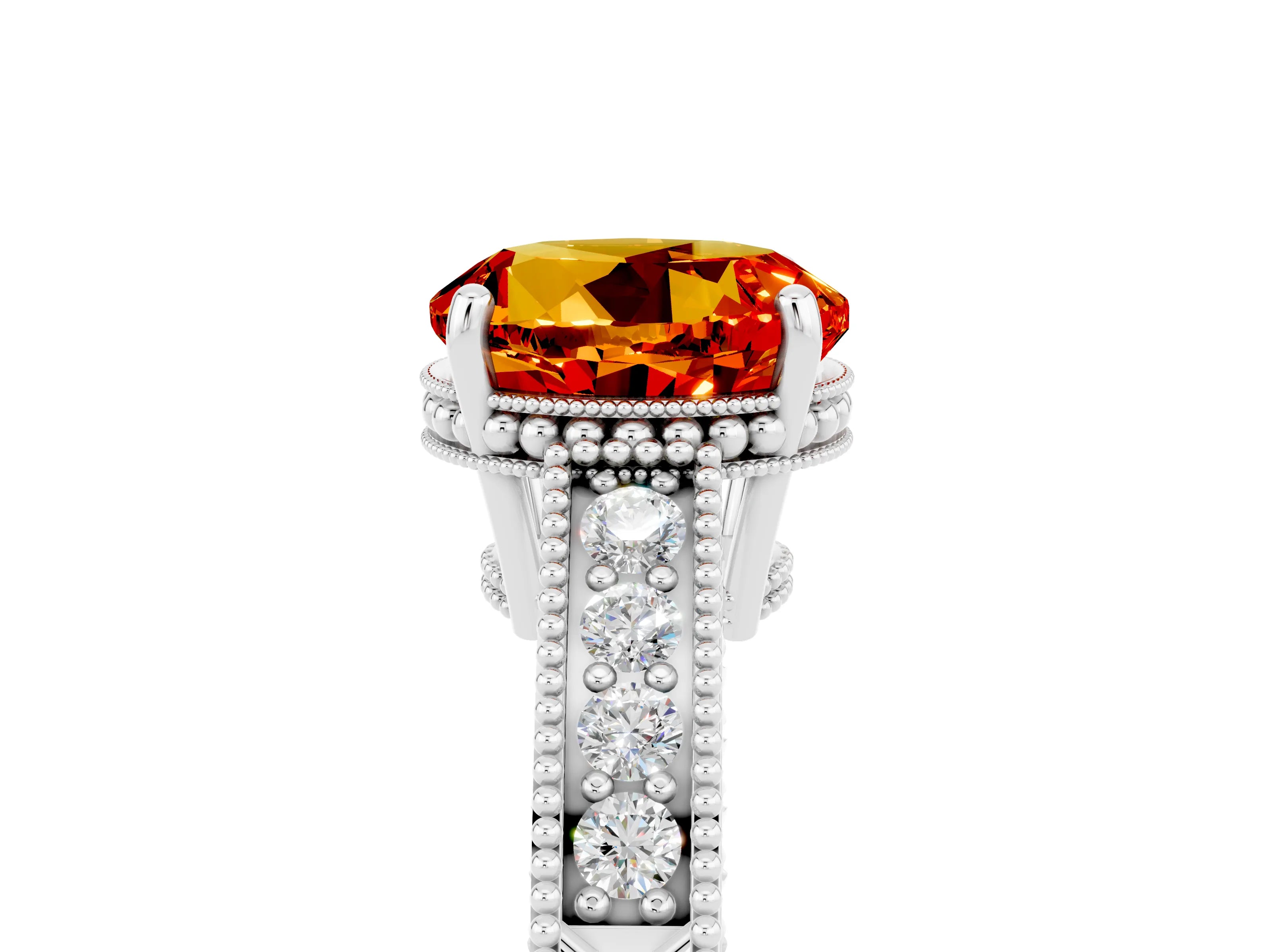 White gold Round Cut Citrine Engagement Ring with Milgrain Channel Set Band and Prong Setting_5