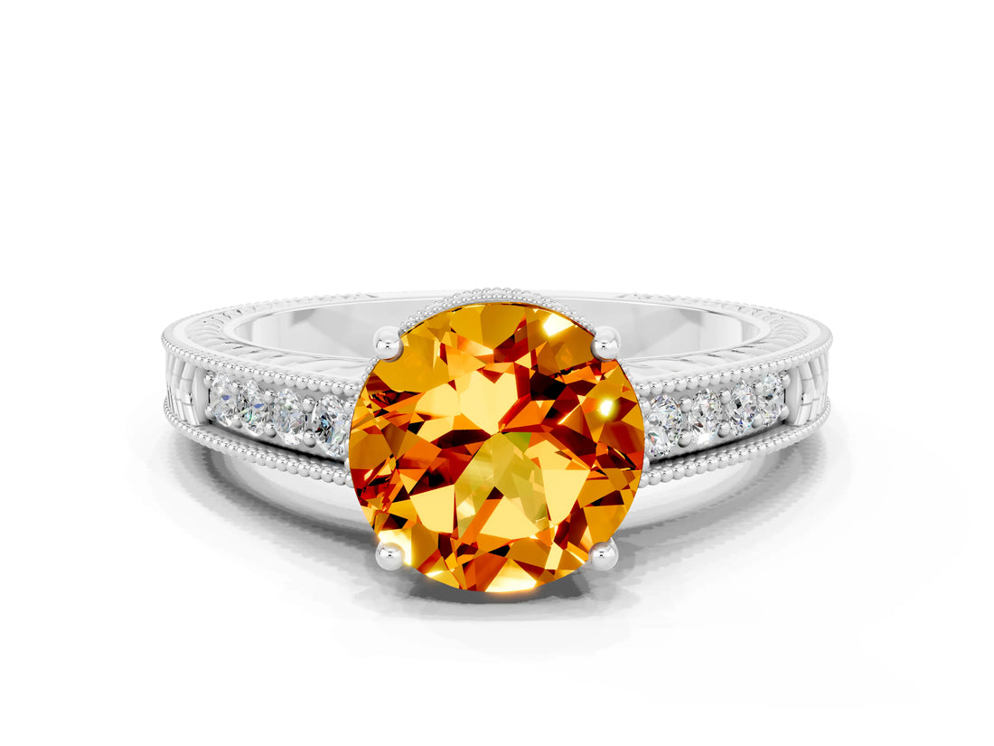 White gold Round Cut Citrine Engagement Ring with Milgrain Channel Set Band and Prong Setting