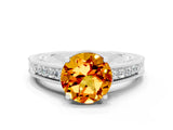 White gold Round Cut Citrine Engagement Ring with Milgrain Channel Set Band and Prong Setting