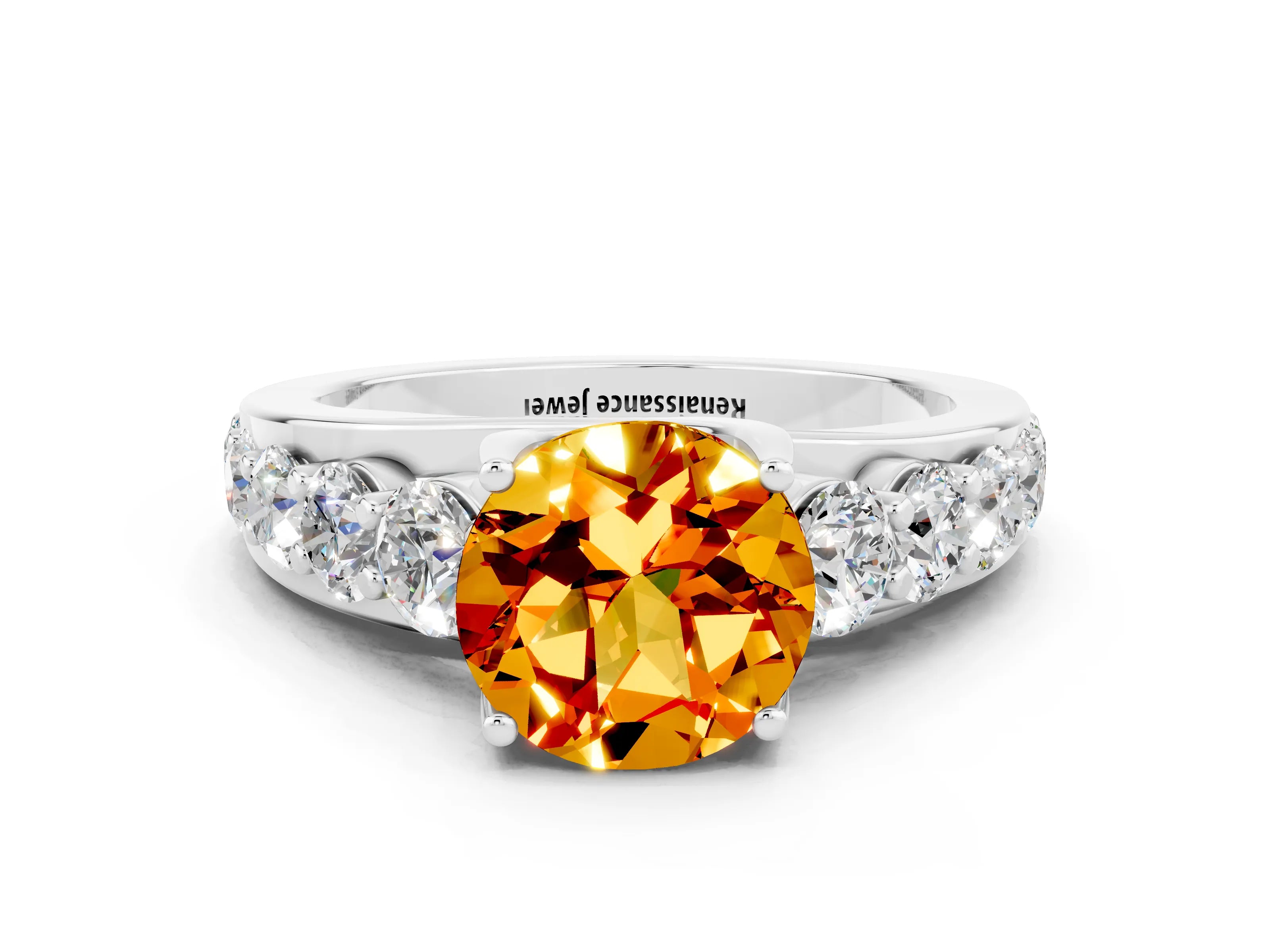 White gold Round Cut Citrine Engagement Ring with Pavé Band and Four-Prong Setting