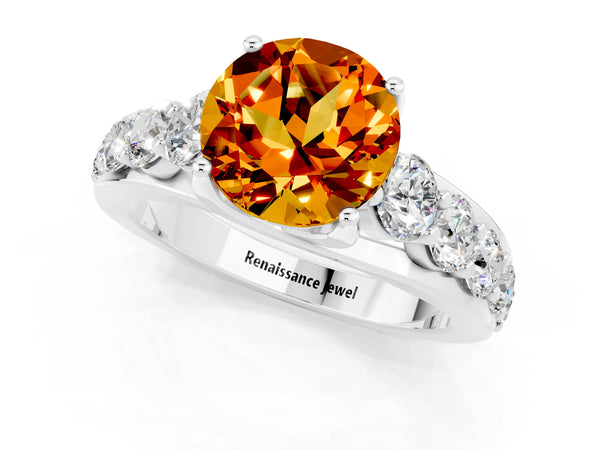 White gold Round Cut Citrine Engagement Ring with Pavé Band and Four-Prong Setting