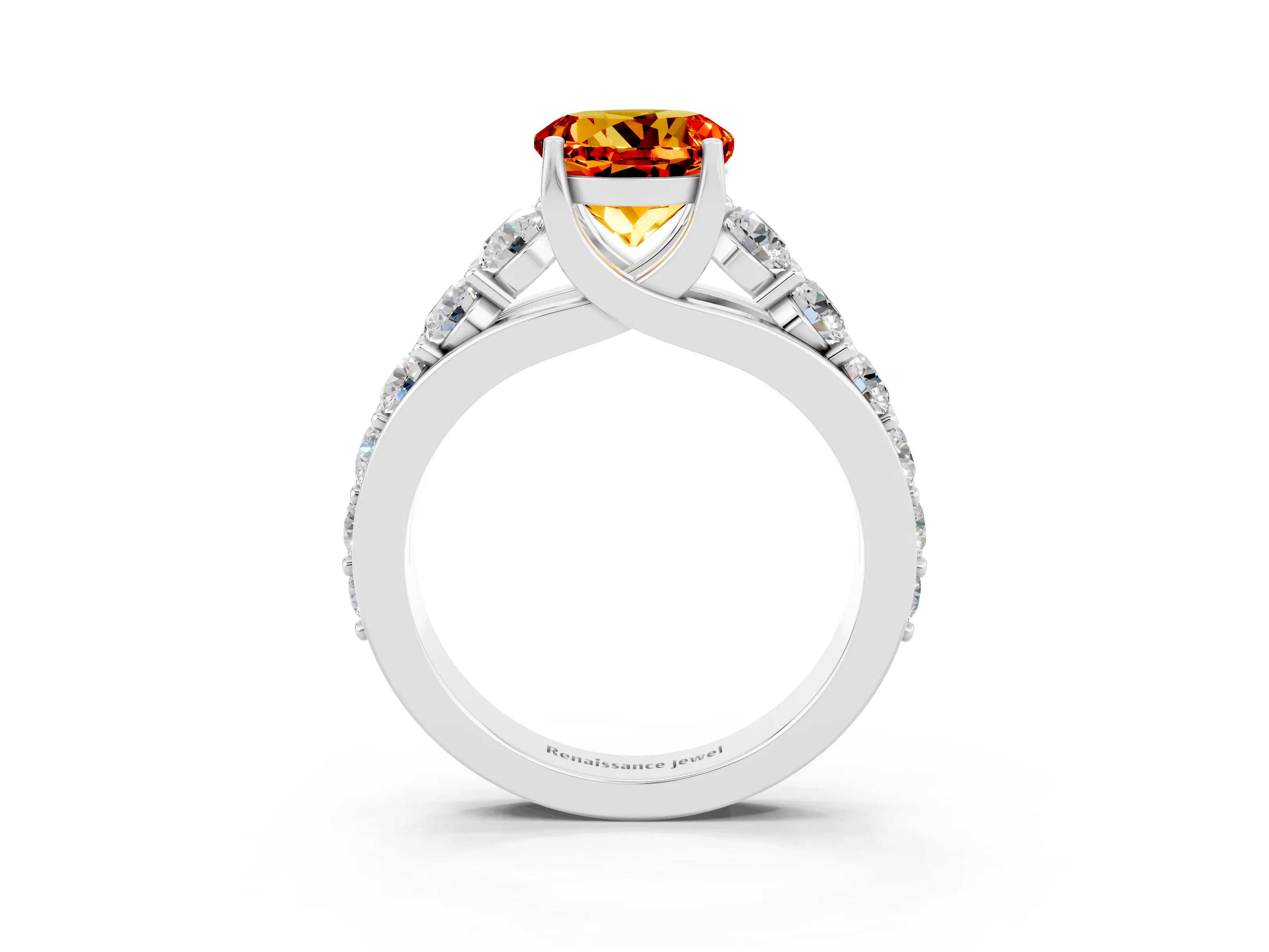 White gold Round Cut Citrine Engagement Ring with Pavé Band and Four-Prong Setting_3