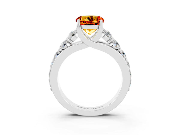 Silver Round Cut Citrine Engagement Ring with Pavé Band and Four-Prong Setting