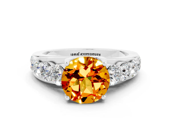 White gold Round Cut Citrine Engagement Ring with Pavé Band and Four-Prong Setting
