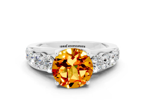 White gold Round Cut Citrine Engagement Ring with Pavé Band and Four-Prong Setting