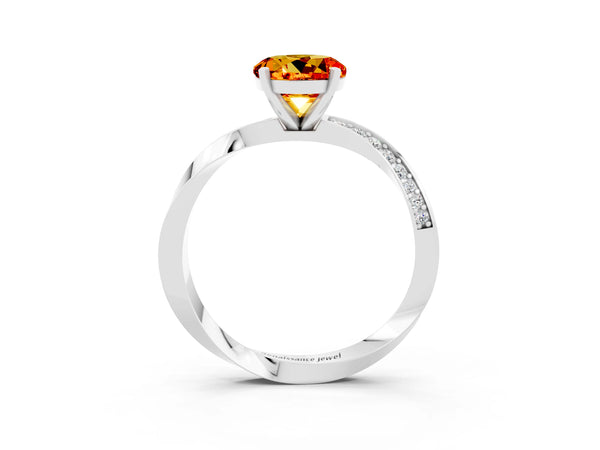 Platinum Round Cut Citrine Engagement Ring with Side Stone Accents and Four-Prong Setting