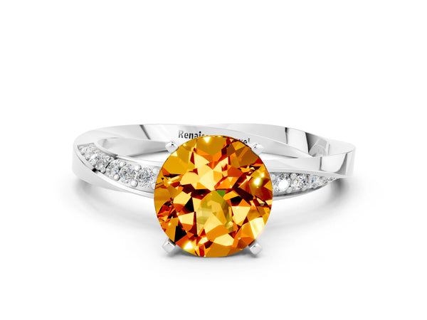 White gold Round Cut Citrine Engagement Ring with Side Stone Accents and Four-Prong Setting