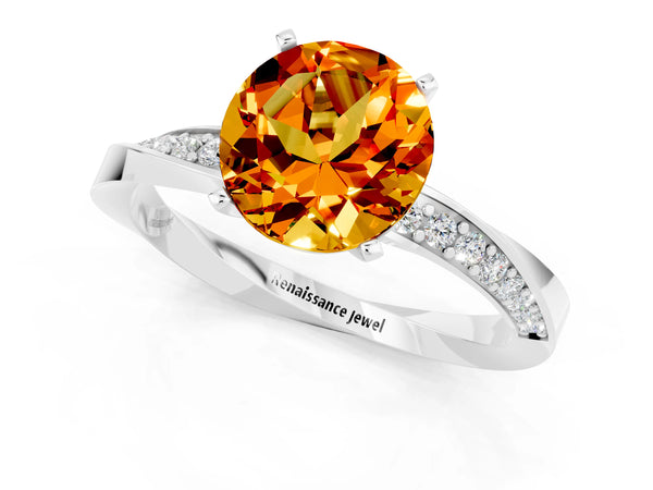 White gold Round Cut Citrine Engagement Ring with Side Stone Accents and Four-Prong Setting