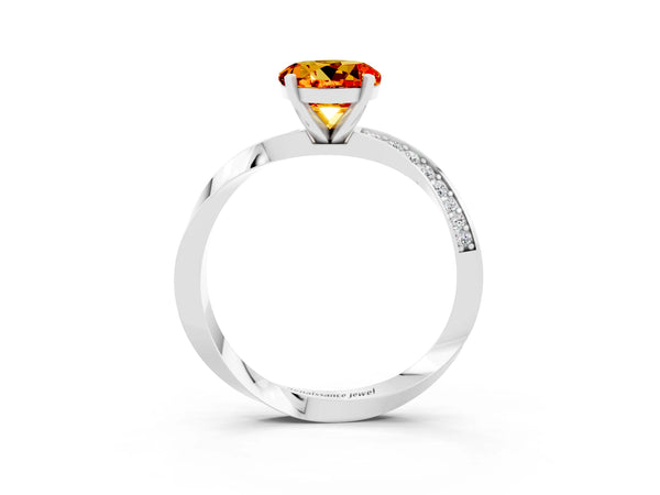 White gold Round Cut Citrine Engagement Ring with Side Stone Accents and Four-Prong Setting