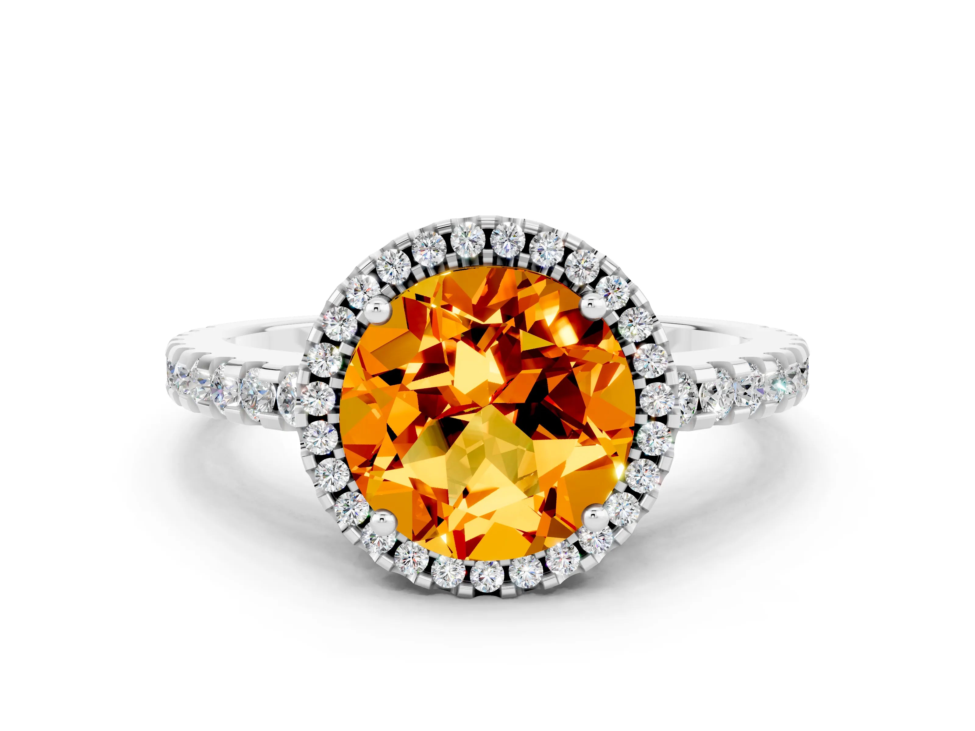 White gold Round Cut Citrine Halo Engagement Ring with Pavé Band and Prong Setting_12