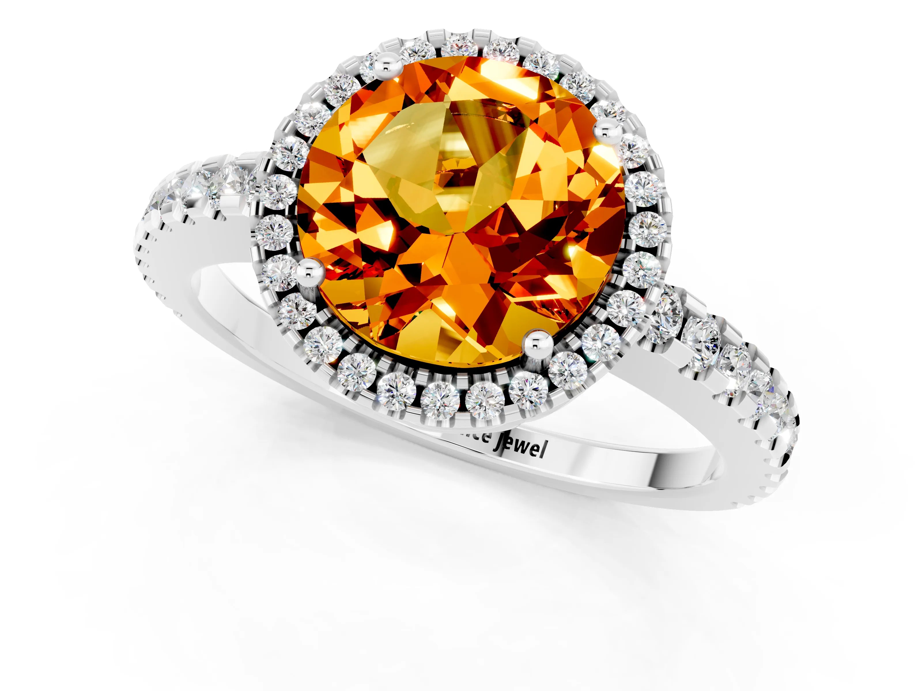 White gold Round Cut Citrine Halo Engagement Ring with Pavé Band and Prong Setting_13