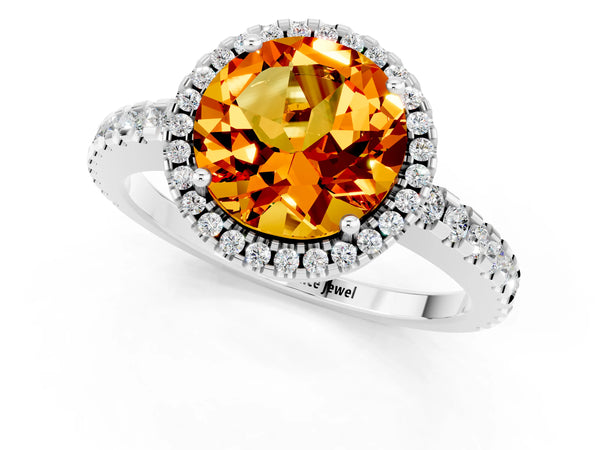 Silver Round Cut Citrine Halo Engagement Ring with Pavé Band and Prong Setting