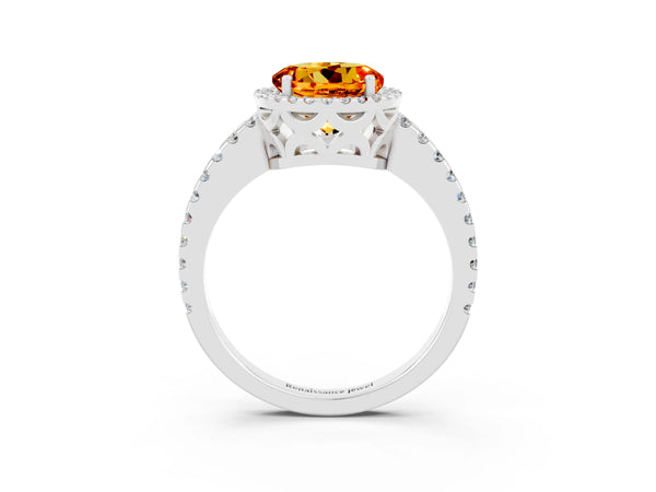 White gold Round Cut Citrine Halo Engagement Ring with Pavé Band and Prong Setting