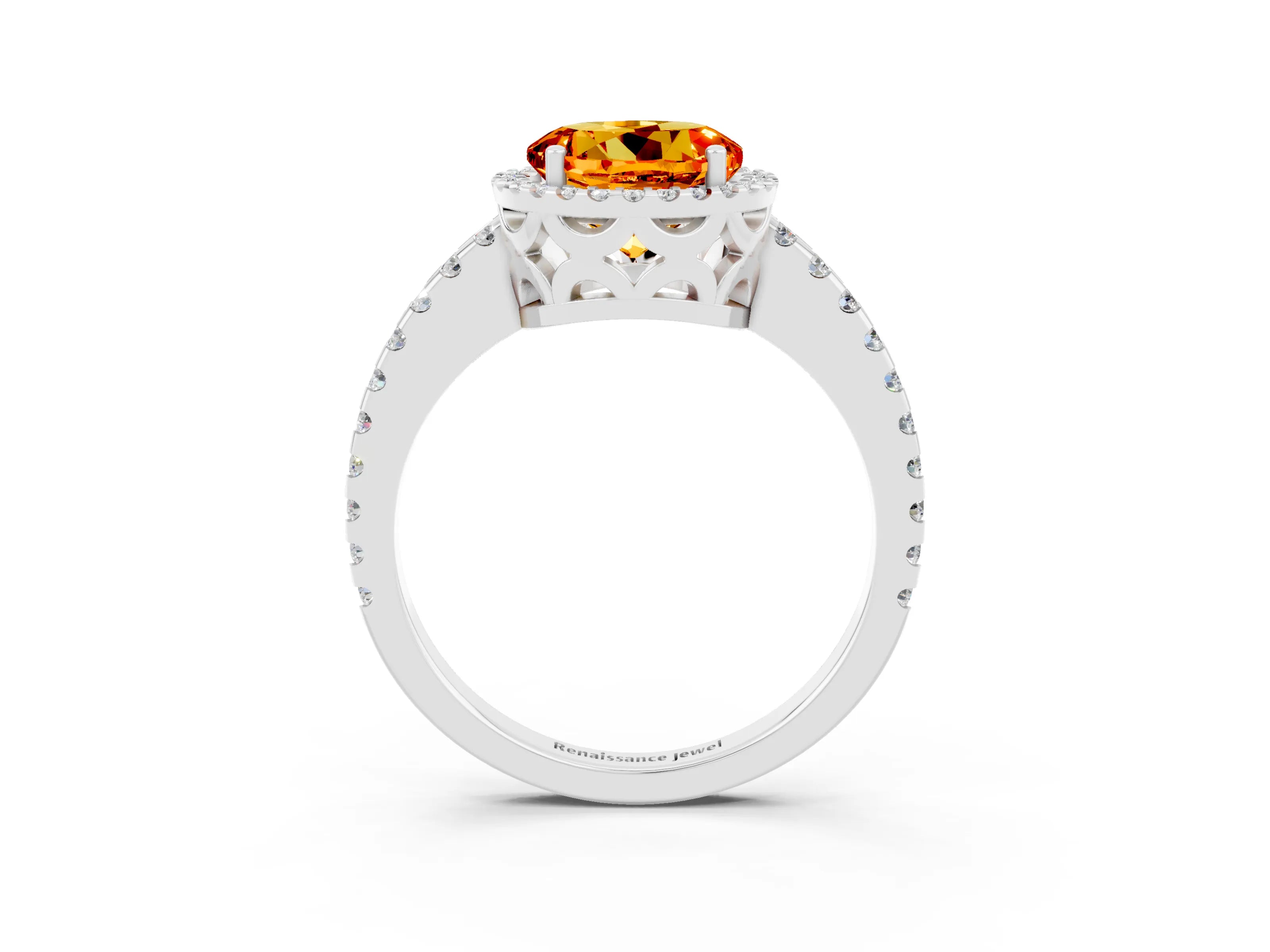 White gold Round Cut Citrine Halo Engagement Ring with Pavé Band and Prong Setting_15