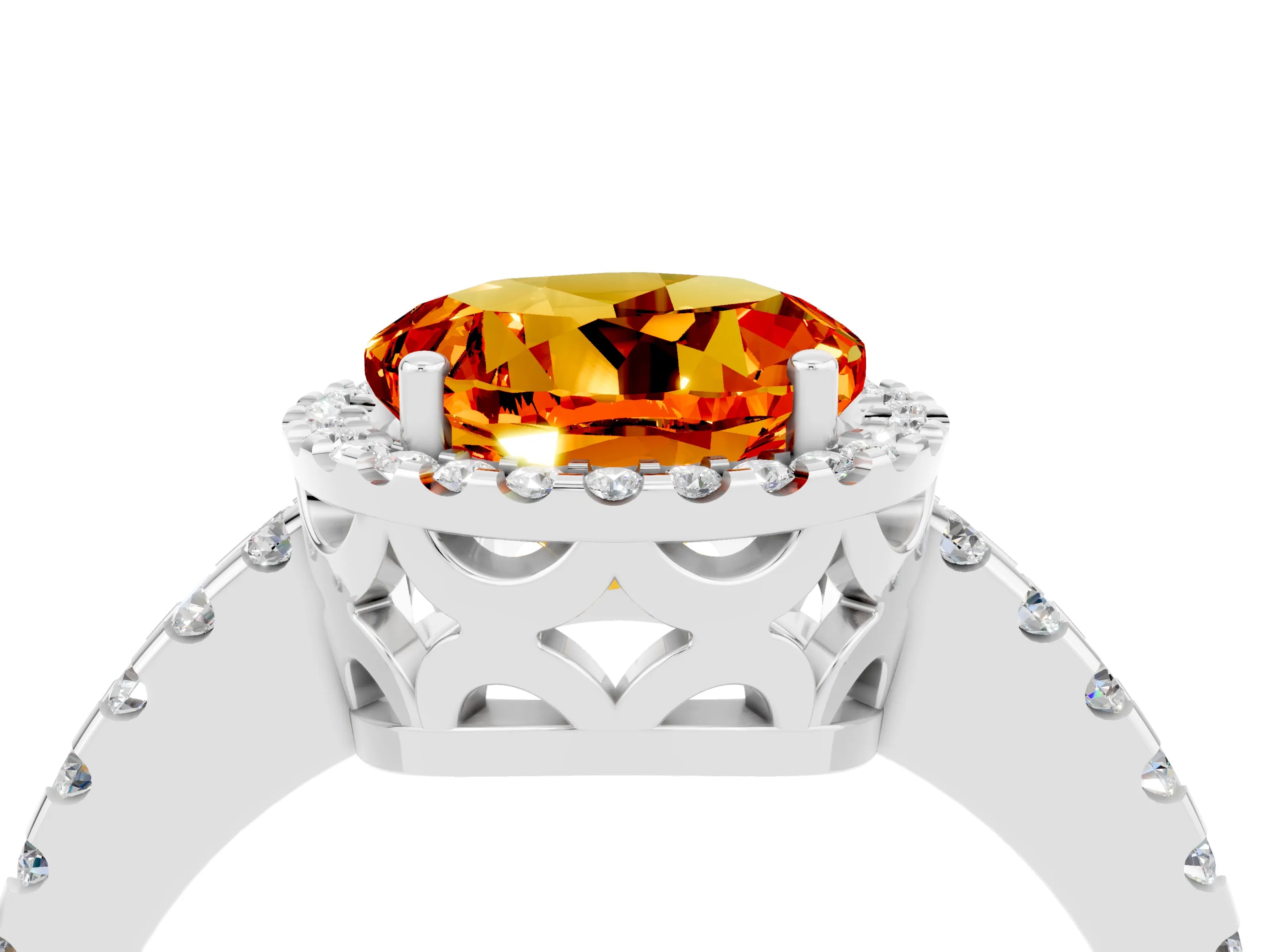 White gold Round Cut Citrine Halo Engagement Ring with Pavé Band and Prong Setting_16