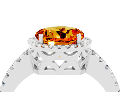 White gold Round Cut Citrine Halo Engagement Ring with Pavé Band and Prong Setting_16