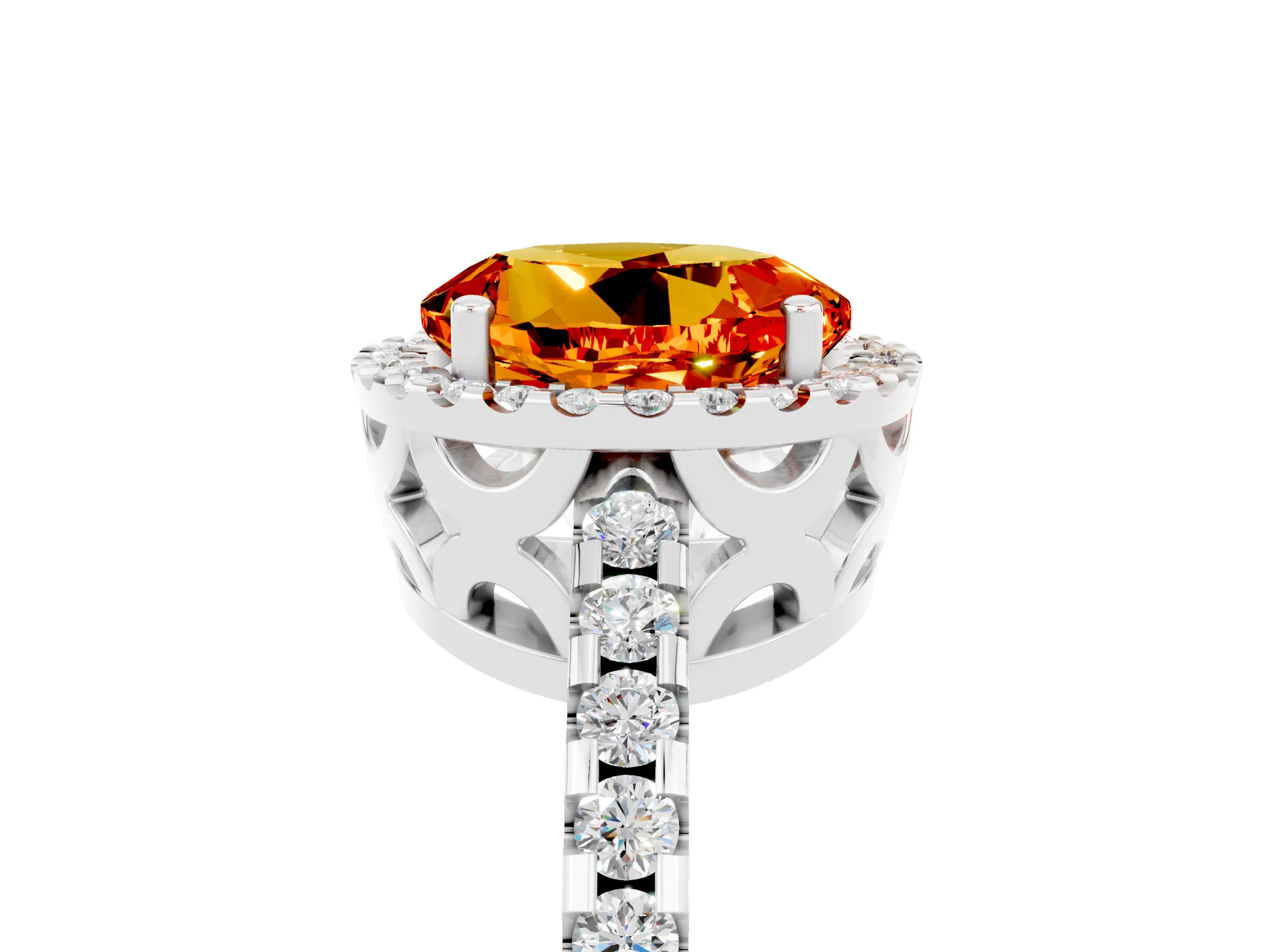 White gold Round Cut Citrine Halo Engagement Ring with Pavé Band and Prong Setting_17