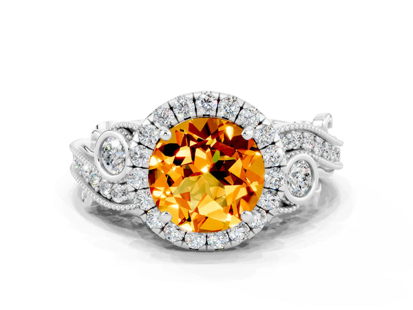 Platinum Round Cut Citrine Halo Ring with Milgrain Pavé Band and Four-Prong Setting