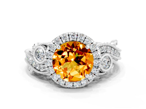 White gold Round Cut Citrine Halo Ring with Milgrain Pavé Band and Four-Prong Setting_12