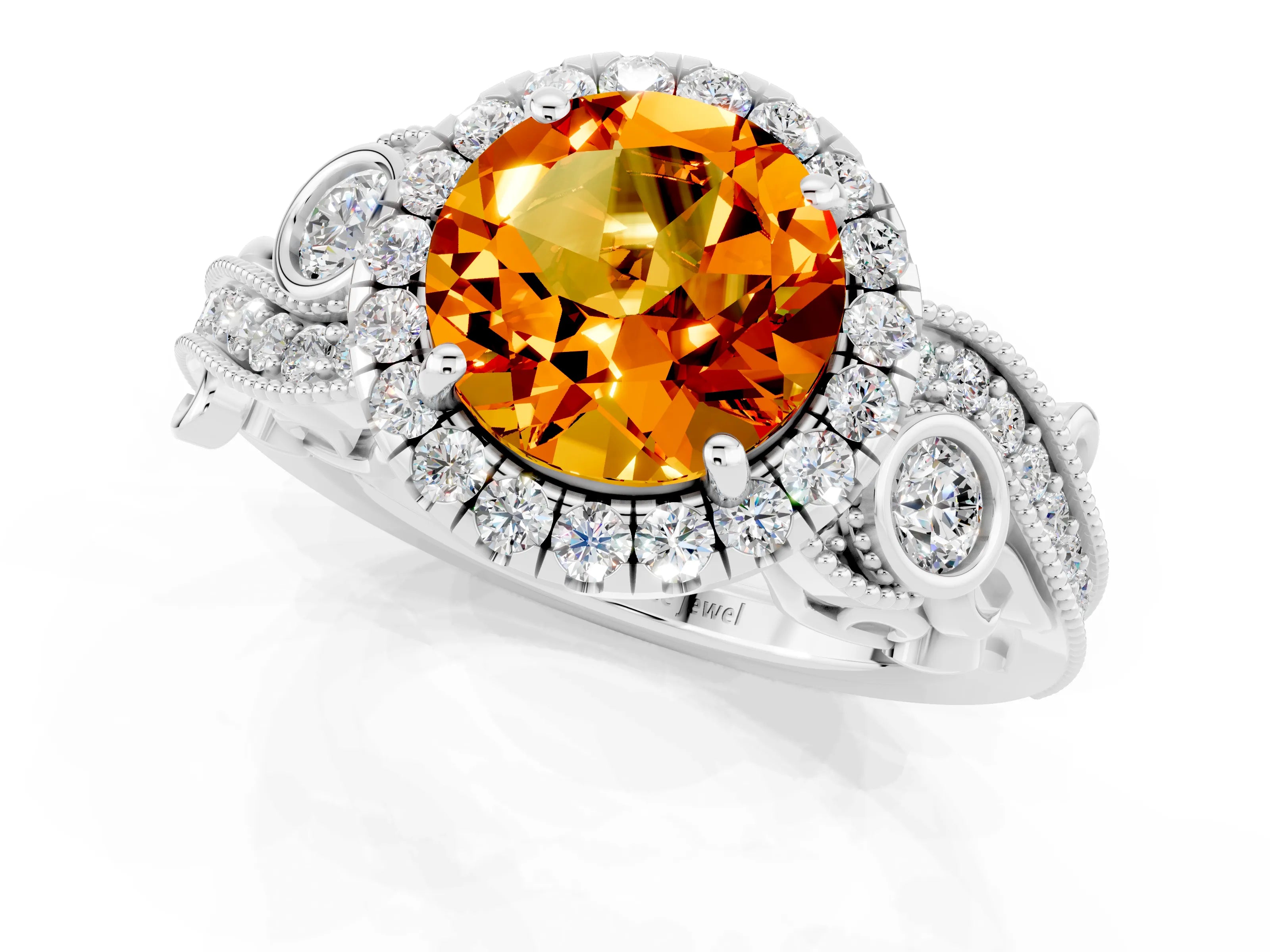 White gold Round Cut Citrine Halo Ring with Milgrain Pavé Band and Four-Prong Setting_13