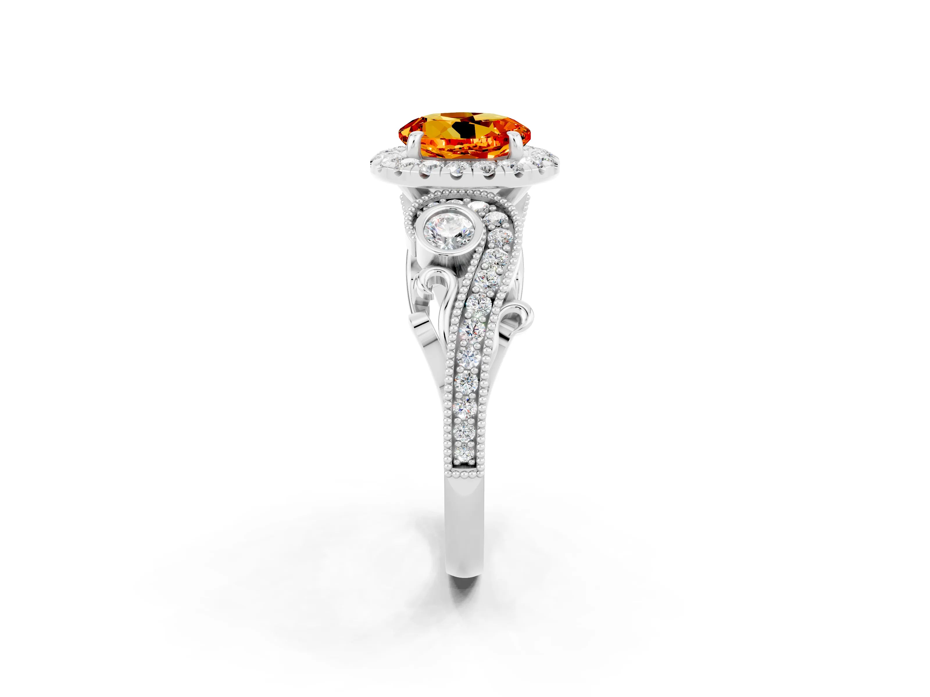 White gold Round Cut Citrine Halo Ring with Milgrain Pavé Band and Four-Prong Setting_14