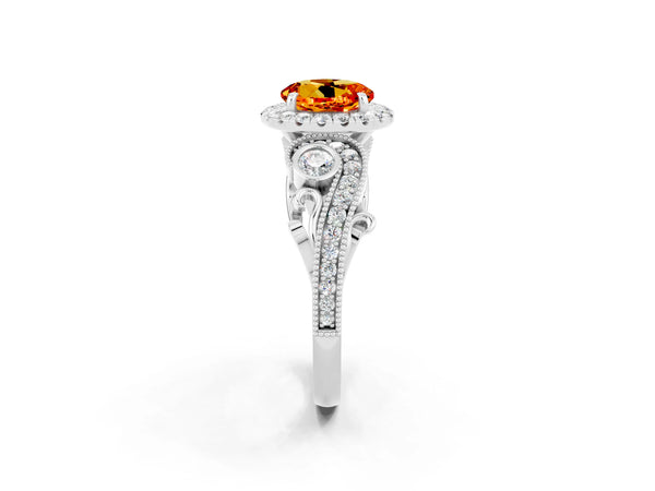 Silver Round Cut Citrine Halo Ring with Milgrain Pavé Band and Four-Prong Setting