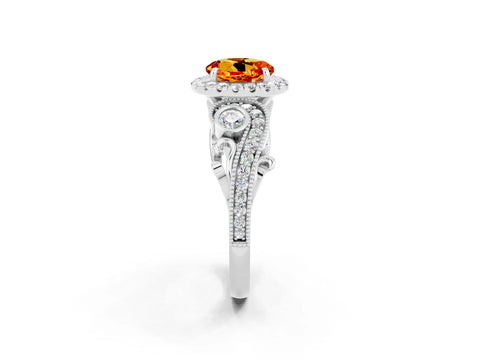 White gold Round Cut Citrine Halo Ring with Milgrain Pavé Band and Four-Prong Setting_14