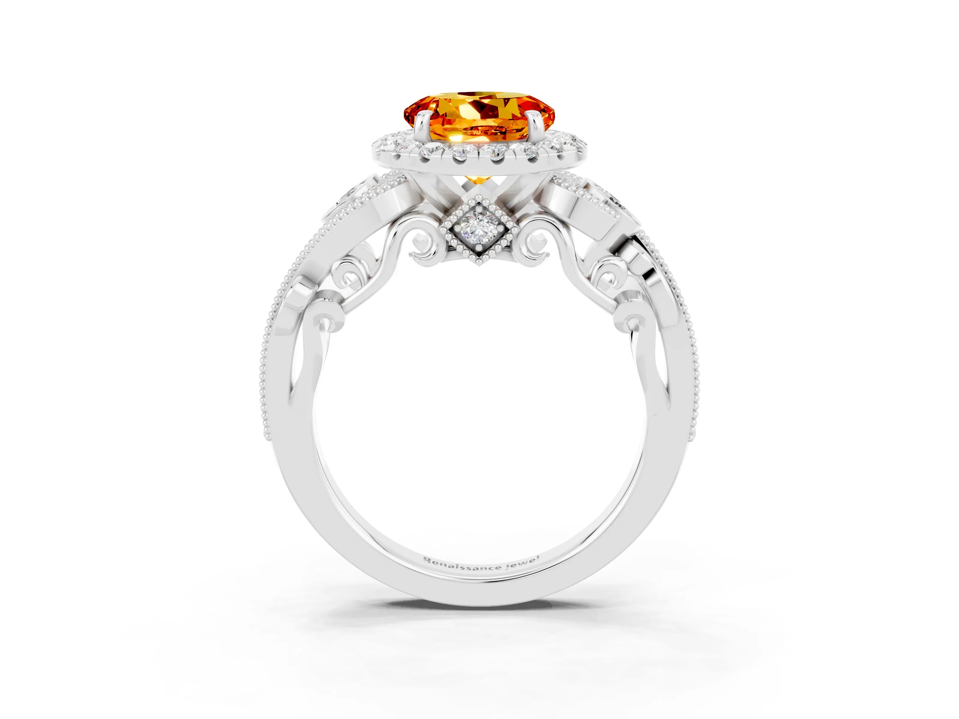 White gold Round Cut Citrine Halo Ring with Milgrain Pavé Band and Four-Prong Setting_15