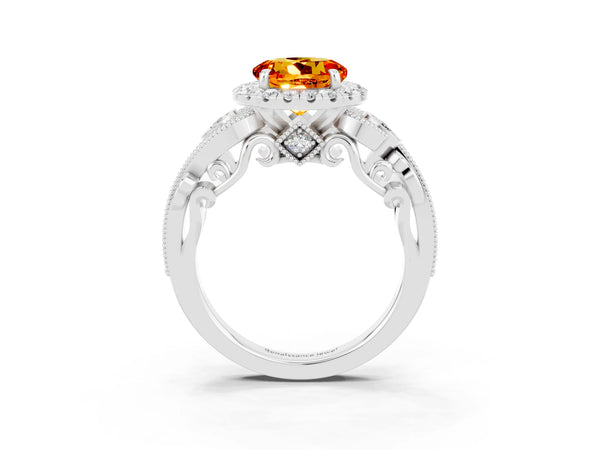 Platinum Round Cut Citrine Halo Ring with Milgrain Pavé Band and Four-Prong Setting